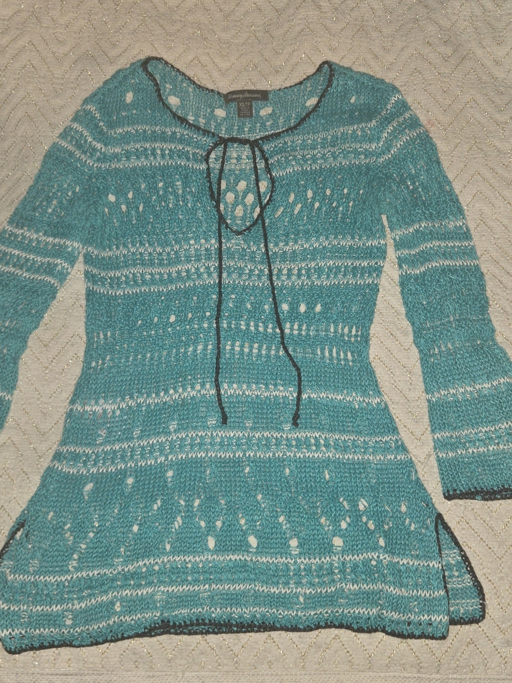 Tommy Bahama Teal Open-Weave Tie-Neck Top